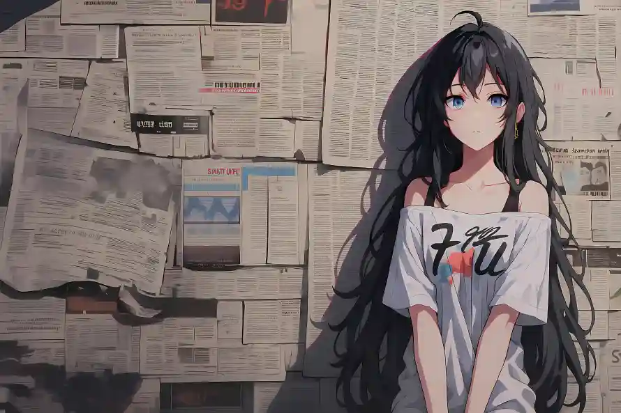 4k个性穿搭壁纸 - 报纸背景 - 长发少女 - 露肩穿搭「哲风壁纸」
