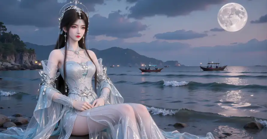 4k古风壁纸 - 夜晚 - 月亮 - 海边「哲风壁纸」