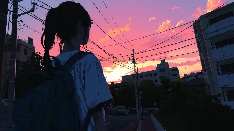 4k书包壁纸 - 夜色 - 女孩 - 晚霞「哲风壁纸」
