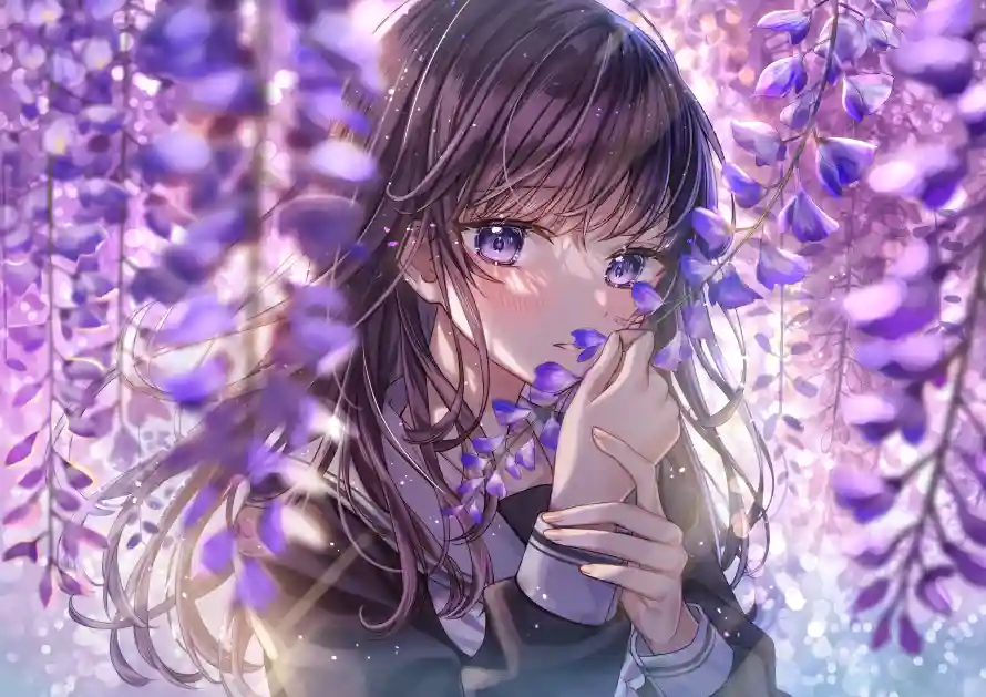 4k动漫壁纸-紫藤花和女孩-紫色花海免费下载「哲风壁纸」