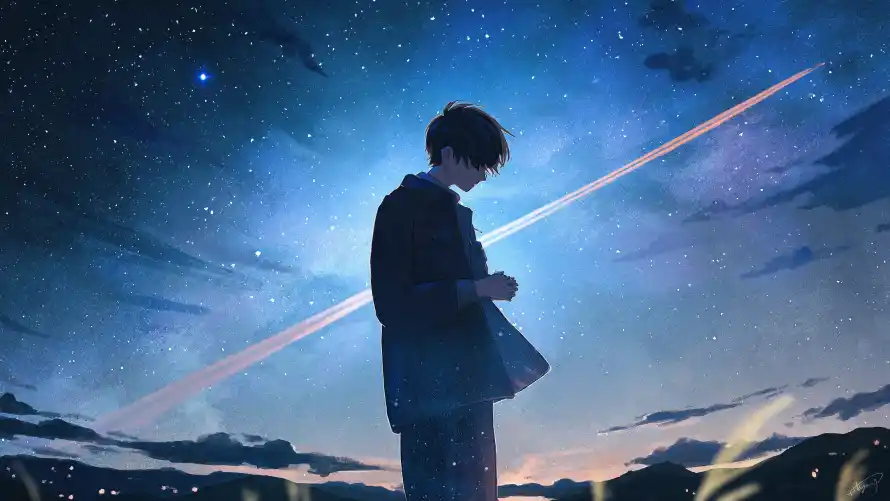 4k夜空壁纸 - 少年 - 星空 - 流星「哲风壁纸」