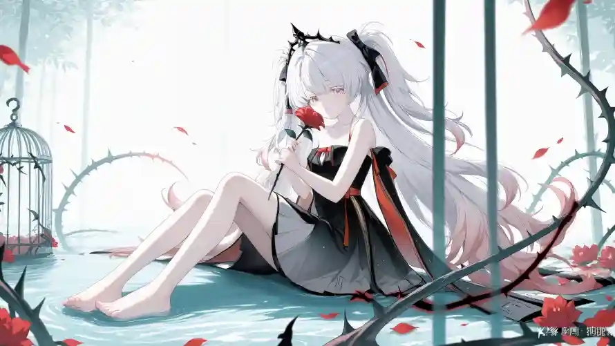 4k可爱壁纸-白发少女 - 红裙-红色花瓣热门的壁纸「哲风壁纸」
