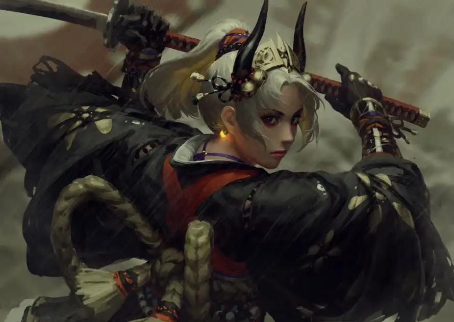 7k武士壁纸-女武士壁纸和白发-牛角头饰热门的壁纸「哲风壁纸」