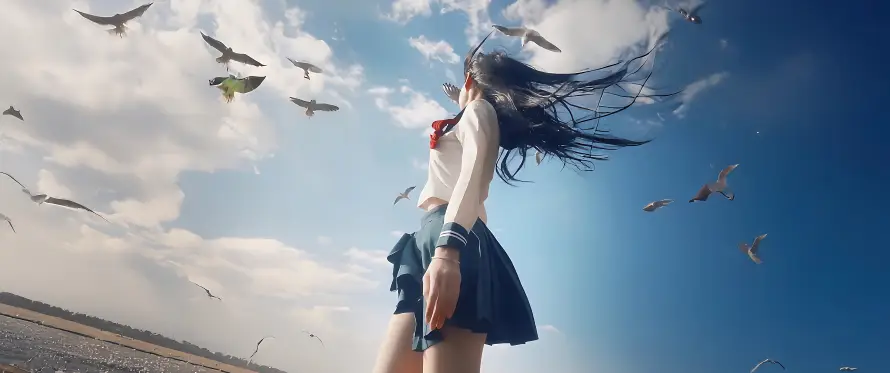 7k动漫壁纸-校服女孩和壁纸-蓝天白云免费下载「哲风壁纸」