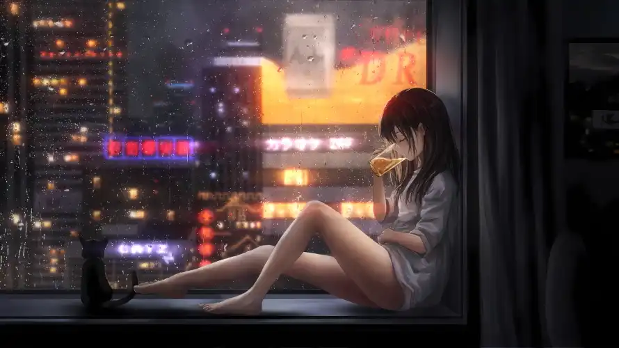 4k雨天壁纸 - 霓虹灯 - 城市雨夜 - 灰色上衣「哲风壁纸」