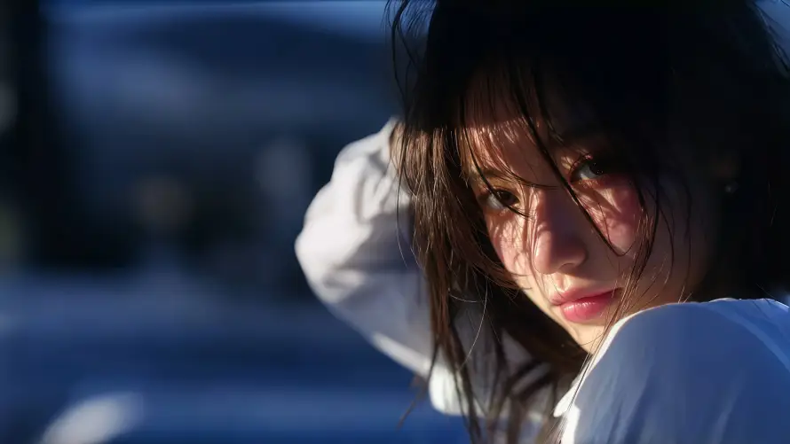 4k侧脸写真壁纸-光影美女 - 户外写真-深色长发「哲风壁纸」