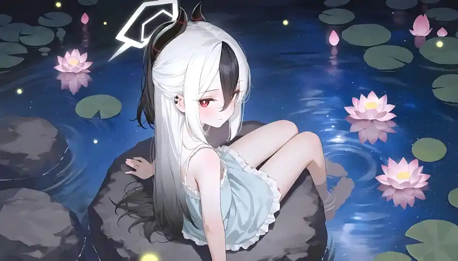 4k夜晚壁纸 - 少女 - 荷花 - 二次元「哲风壁纸」