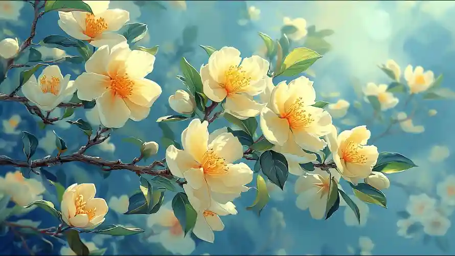 4k枝干壁纸 - 山茶花 - 水墨画 - 黄色花朵「哲风壁纸」