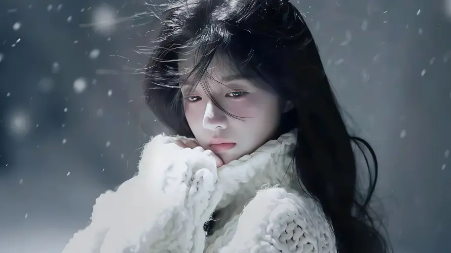 4k下雪壁纸-冬季雪景和毛衣美女-温柔气质「哲风壁纸」