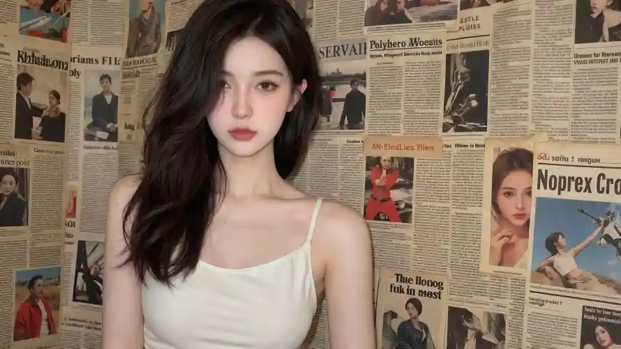 4k长发壁纸-报纸墙 - 吊带美女-复古背景「哲风壁纸」