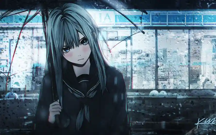 4k少女壁纸 - 蓝色 - 雨夜 - 玻璃窗「哲风壁纸」