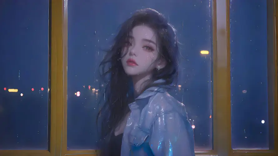 4k夜景壁纸-闪亮外套 - 灯光-雨夜窗边美女「哲风壁纸」