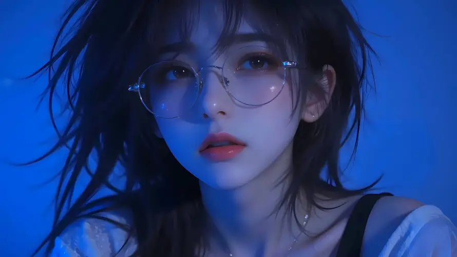 4k4K壁纸-凌乱头发与美女-蓝色背景壁纸分享「哲风壁纸」