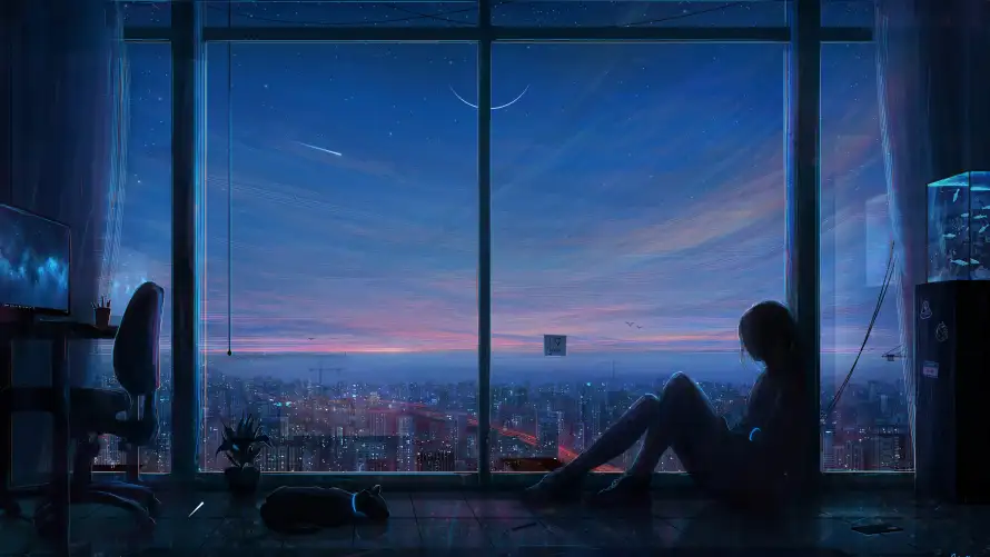 5k夜景壁纸-城市夜景与电脑壁纸-窗边人物「哲风壁纸」