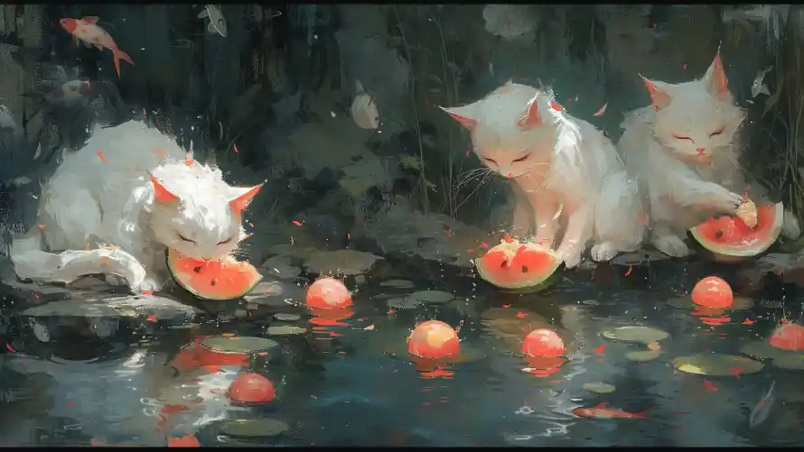 2k倒影壁纸-白色猫咪与猫咪-壁纸推荐「哲风壁纸」