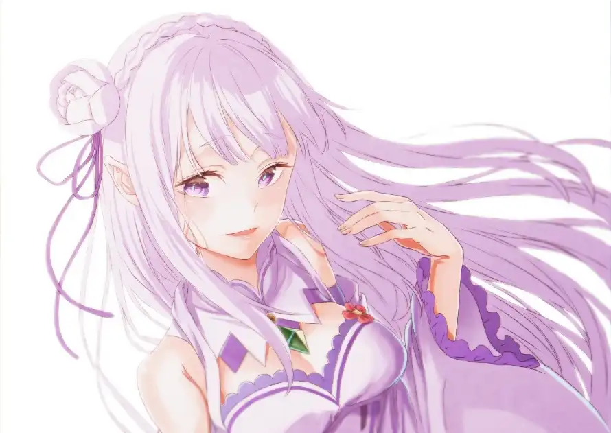 4k紫发壁纸 - 白色背景 - 紫色服饰 - 艾米利亚「哲风壁纸」