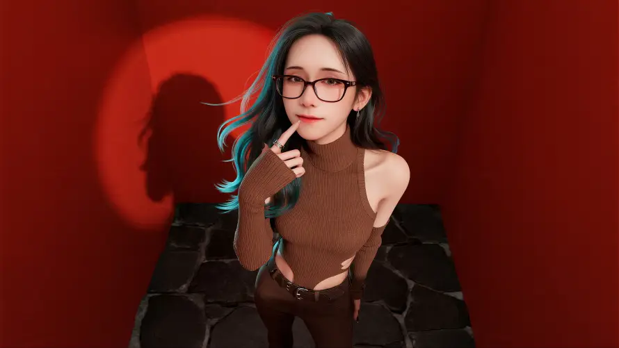 4k女性壁纸 - 眼镜 - 棕色上衣 - 红色背景「哲风壁纸」