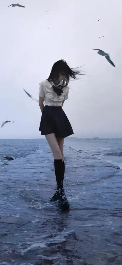 4k4k手机壁纸 - 海边女孩 - 海鸥海浪 - 美女壁纸「哲风壁纸」