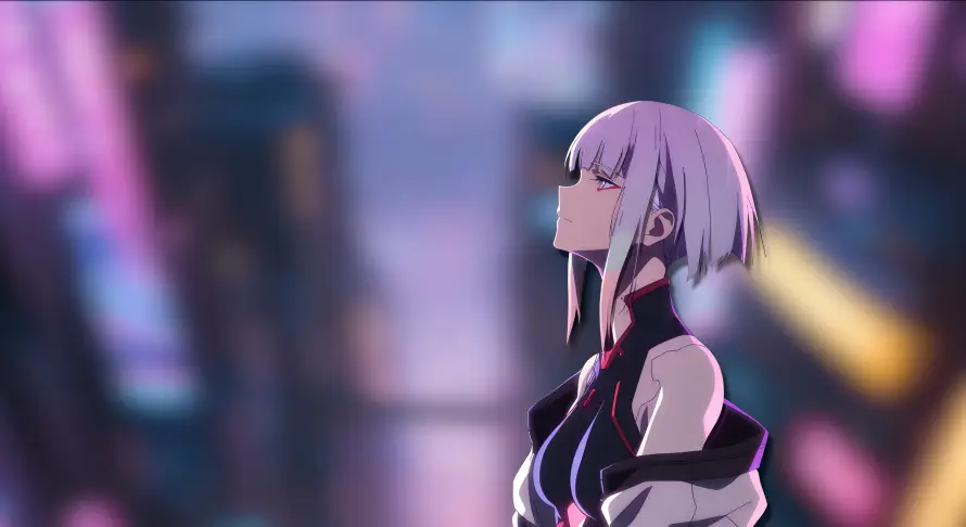 4k露西壁纸 - 霓虹灯 - 城市夜景 - 紫色短发「哲风壁纸」