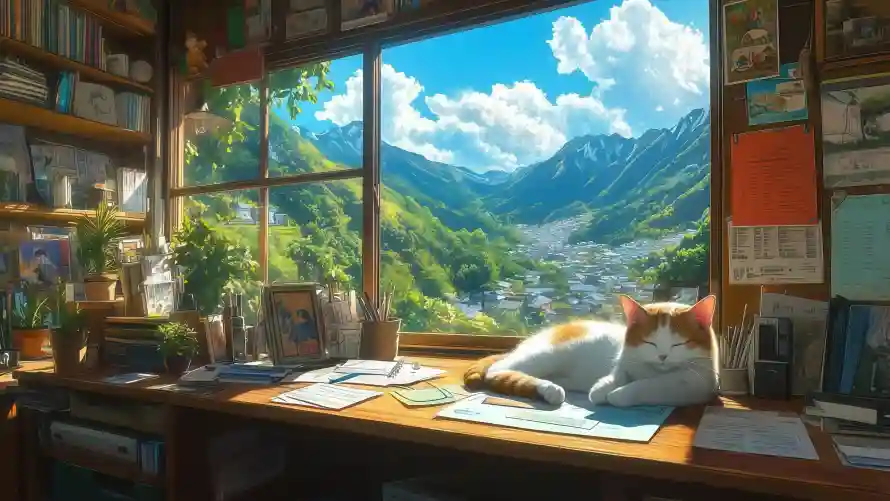 4k书架壁纸-橘花猫与阳光-书桌文具壁纸推荐「哲风壁纸」