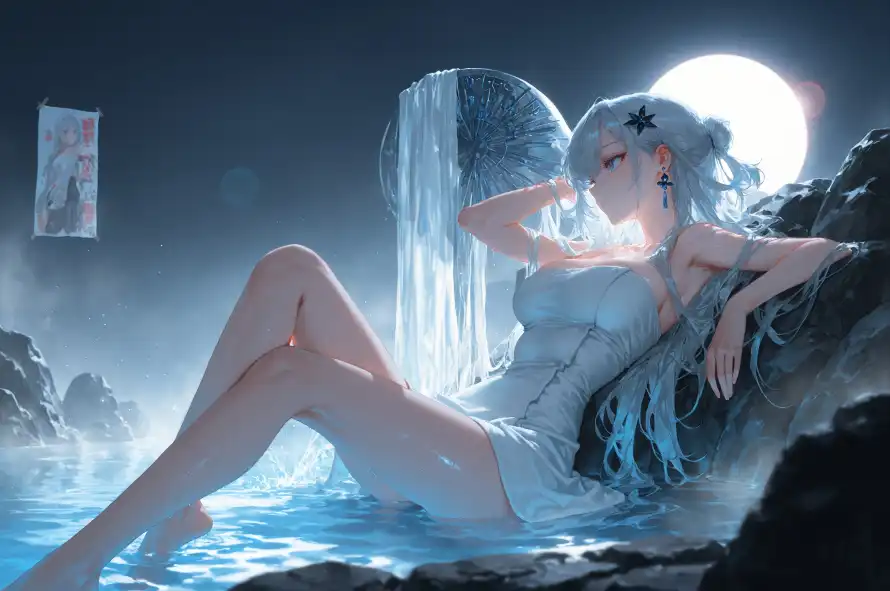 3k动漫壁纸-白发美女和月亮-白色连衣裙「哲风壁纸」