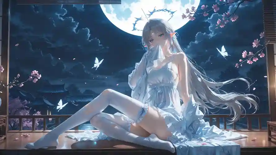 5k月夜壁纸-卡提希娅壁纸和樱花-白丝长腿壁纸分享「哲风壁纸」