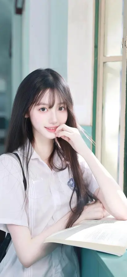 4k书本壁纸 - 校园 - 长发 - 校服美女「哲风壁纸」
