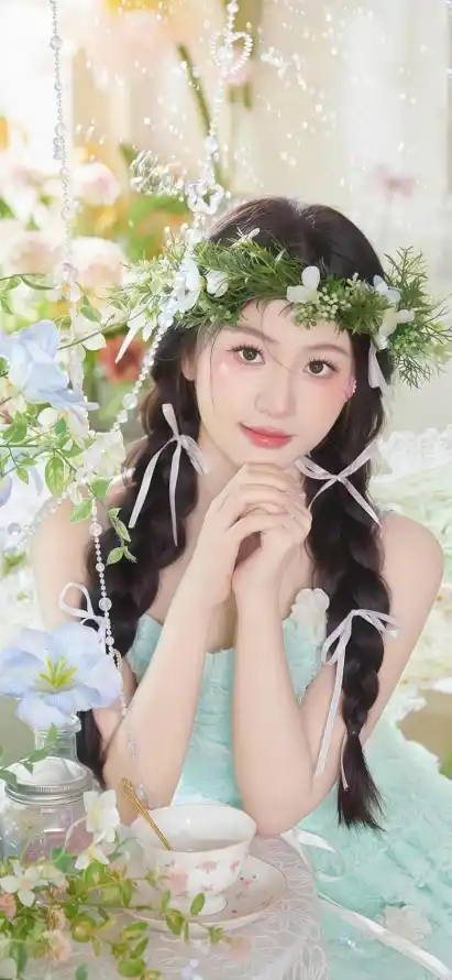 4k清新壁纸 - 花朵 - 浅绿裙 - 双麻花辫「哲风壁纸」