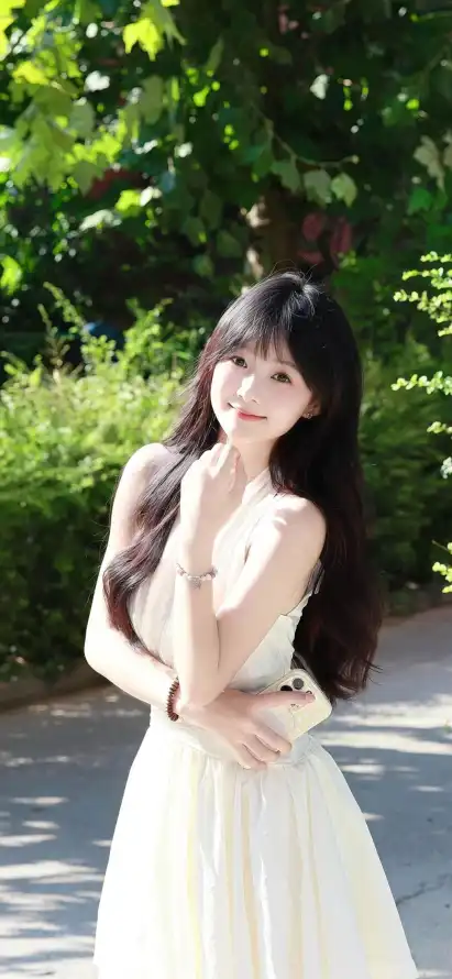 4k户外壁纸 - 白裙 - 绿植 - 长发「哲风壁纸」