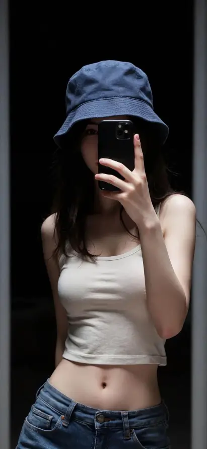 4k暗背景壁纸 - 牛仔裤 - 白色背心 - 美女自拍「哲风壁纸」