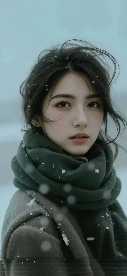 4k清冷壁纸 - 雪花 - 绿围巾 - 冬日雪景「哲风壁纸」