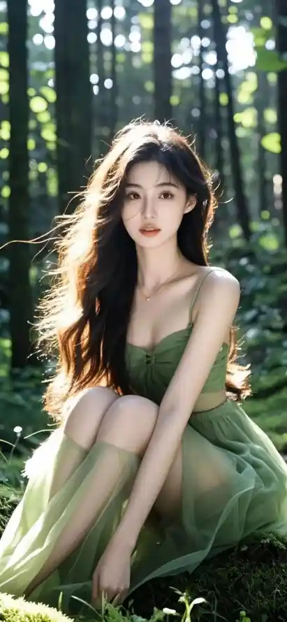 4k森林壁纸 - 绿裙美女 - 自然风景 - 绿色吊带裙「哲风壁纸」