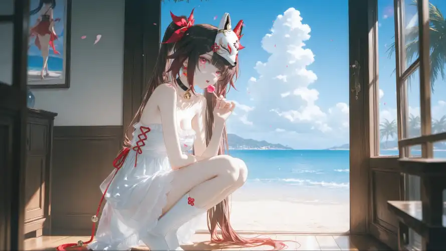 4k动漫壁纸 - 房间 - 海边 - 白衣「哲风壁纸」