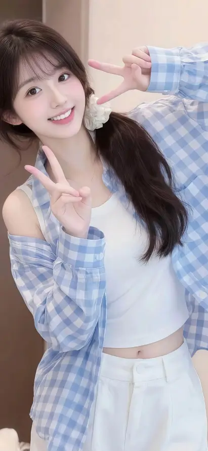 4k手机壁纸壁纸 - 比耶手势 - 甜美女生 - 白色短裤「哲风壁纸」