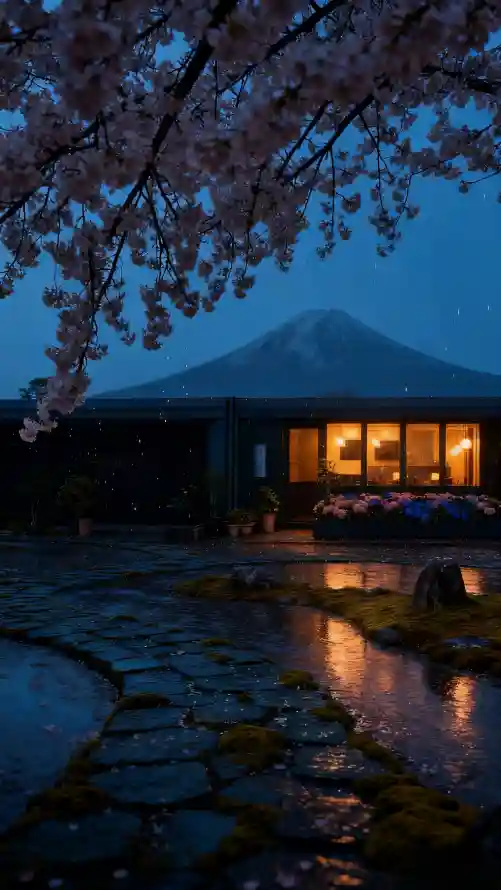 4k夜景壁纸 - 庭院 - 暖灯 - 富士山「哲风壁纸」