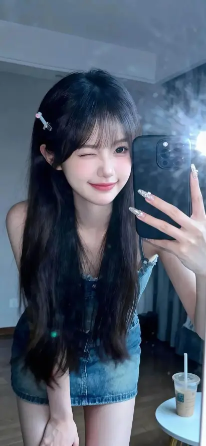 4k甜妹壁纸 - 长发 - 手机壁纸 - 牛仔短裙「哲风壁纸」