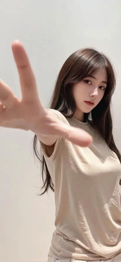 4k伸手姿势壁纸 - 手机壁纸 - 简约背景 - 米色上衣「哲风壁纸」