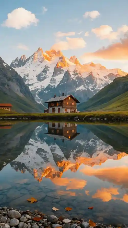4k晚霞壁纸 - 雪山 - 小木屋 - 山川湖泊「哲风壁纸」