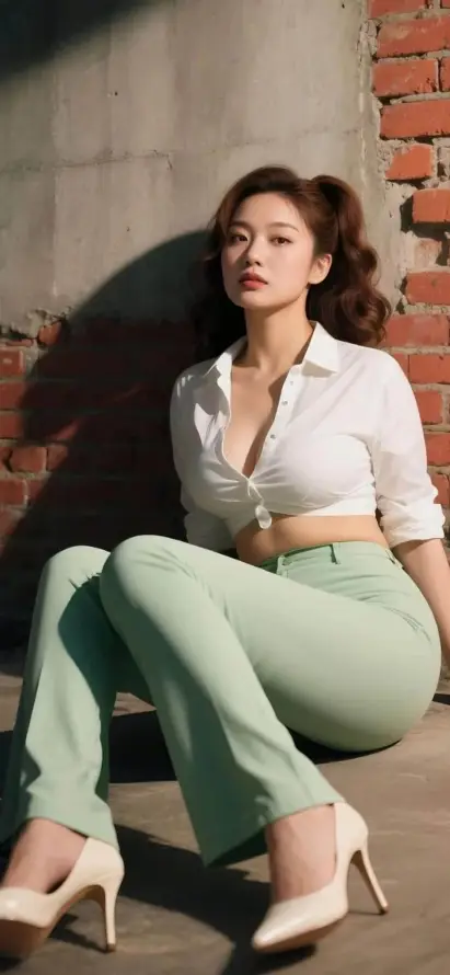 4k卷发壁纸 - 美女 - 红砖墙 - 高跟鞋「哲风壁纸」