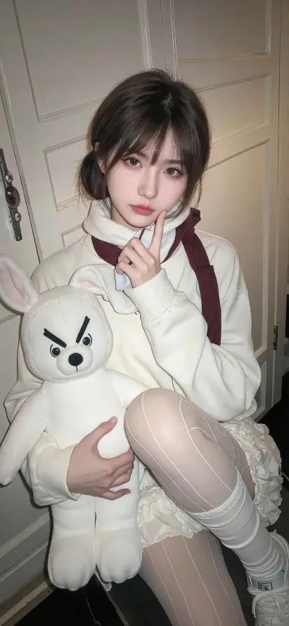 4k室内壁纸 - 白袜 - 短裙 - 兔子玩偶「哲风壁纸」