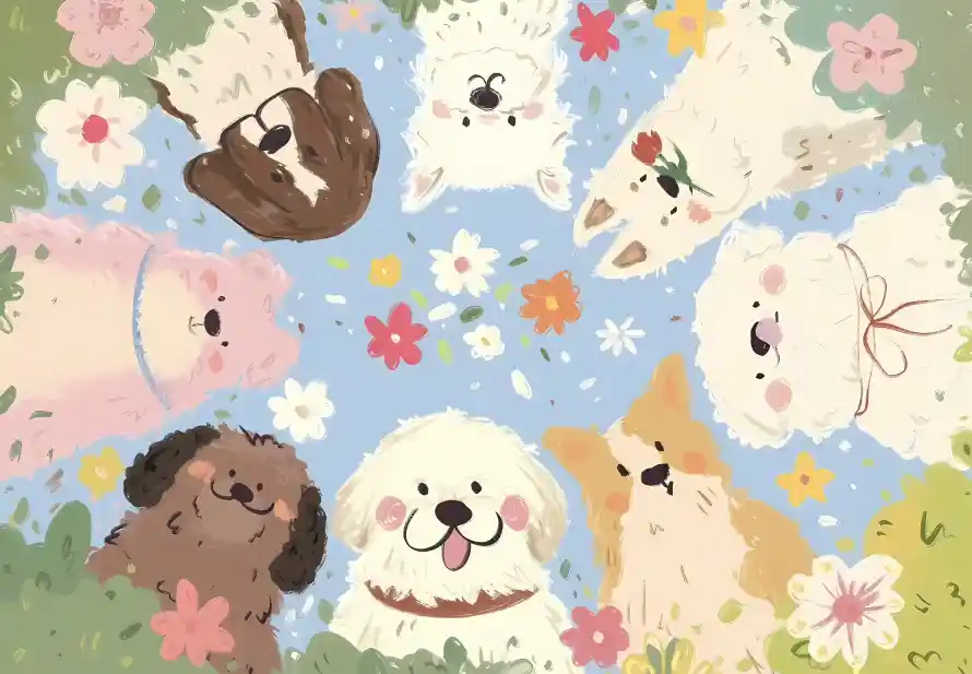 4k卡通壁纸 - 可爱 - 小狗 - 花朵「哲风壁纸」