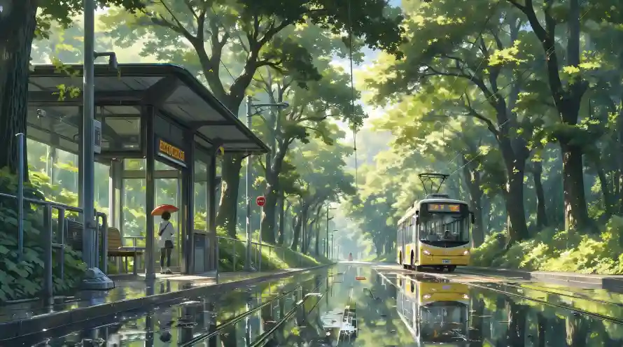 4k下雨壁纸 - 公交 - 树木 - 积水「哲风壁纸」