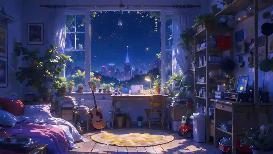 4k书桌壁纸 - 吉他 - 夜晚 - 室内「哲风壁纸」