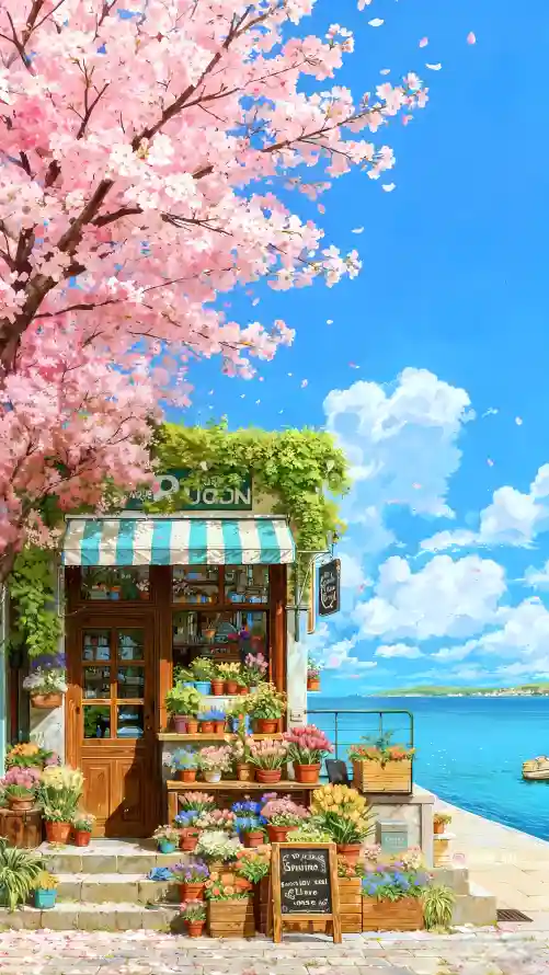 4k大海壁纸 - 房屋 - 樱花 - 海边「哲风壁纸」