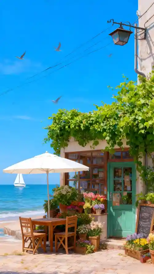 4k房屋壁纸 - 海边 - 绿植 - 蓝天「哲风壁纸」
