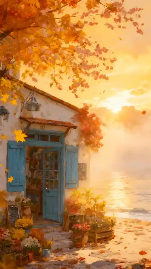 4k夕阳壁纸 - 房屋 - 枫叶 - 沙滩「哲风壁纸」