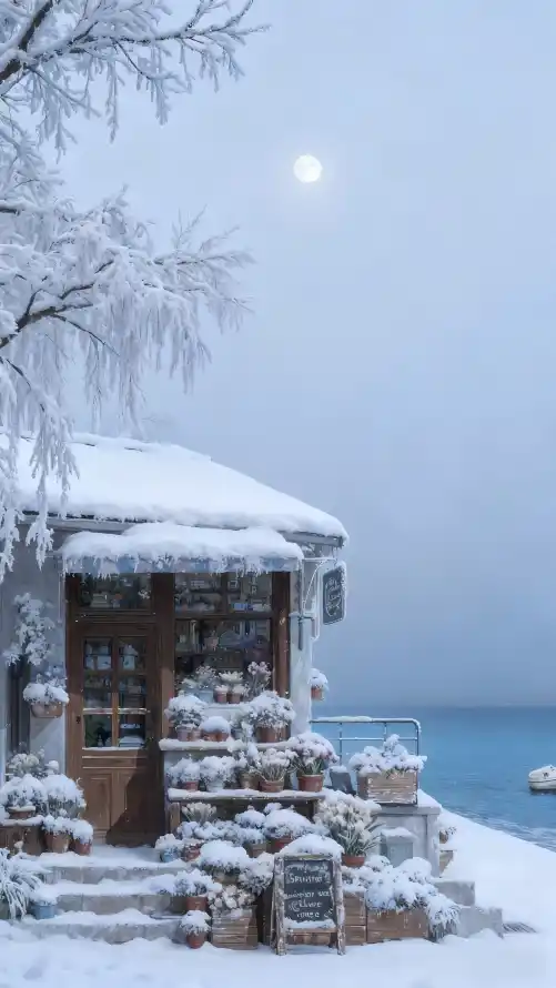 4k房屋壁纸 - 雪 - 月亮 - 树木「哲风壁纸」