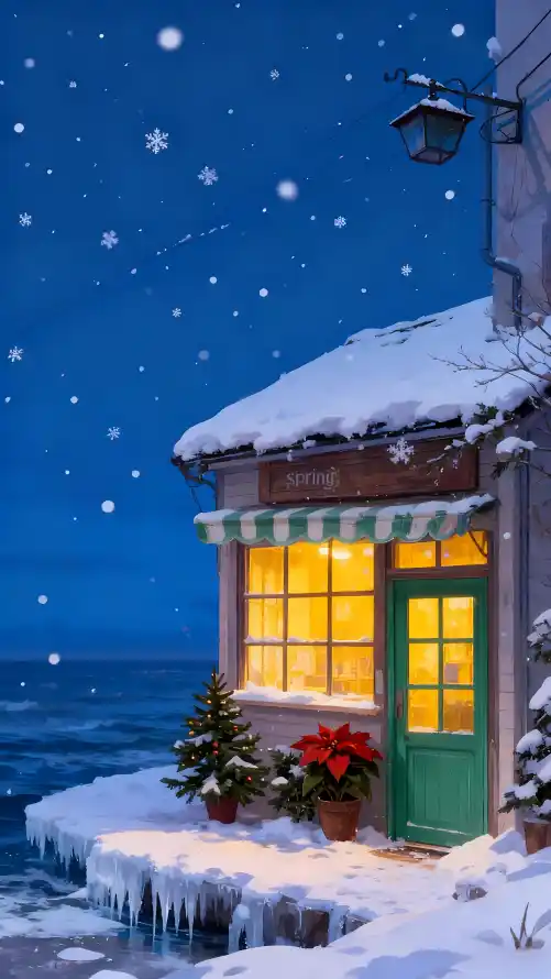 4k夜晚壁纸 - 房屋 - 暖灯 - 海边「哲风壁纸」