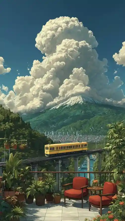 4k云团壁纸 - 山 - 庭院 - 火车「哲风壁纸」