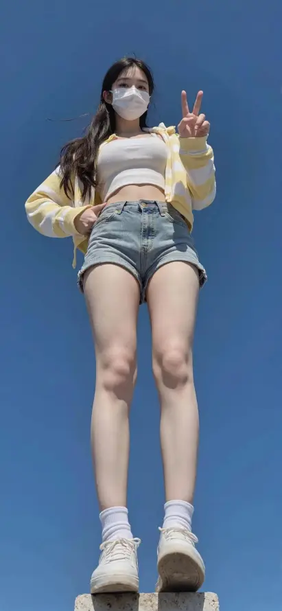 4k手机壁纸壁纸 - 比耶姿势 - 牛仔短裤 - 蓝天背景「哲风壁纸」